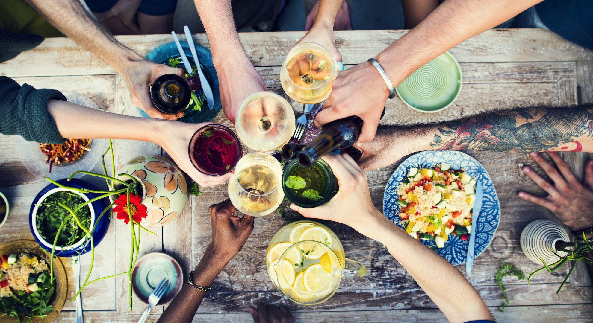 Friends enjoying food and drink